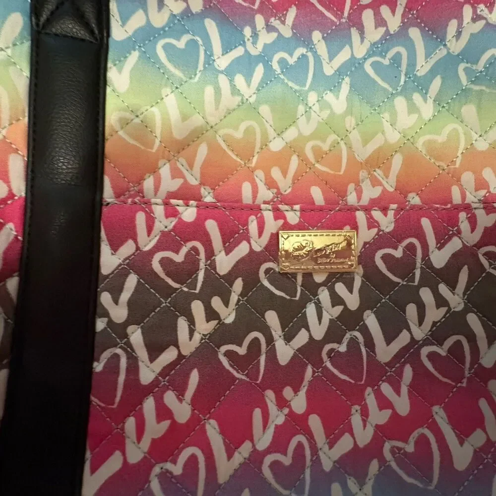 Betsey Johnson Multicolor Quilted Hearts Tote Zip Top Detachable Strap Gold